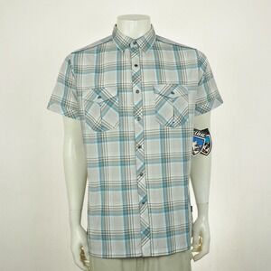 New Kuhl Konquer Pearl Snap Shirt Mens Medium Gray Plaid Hiking Camp Western